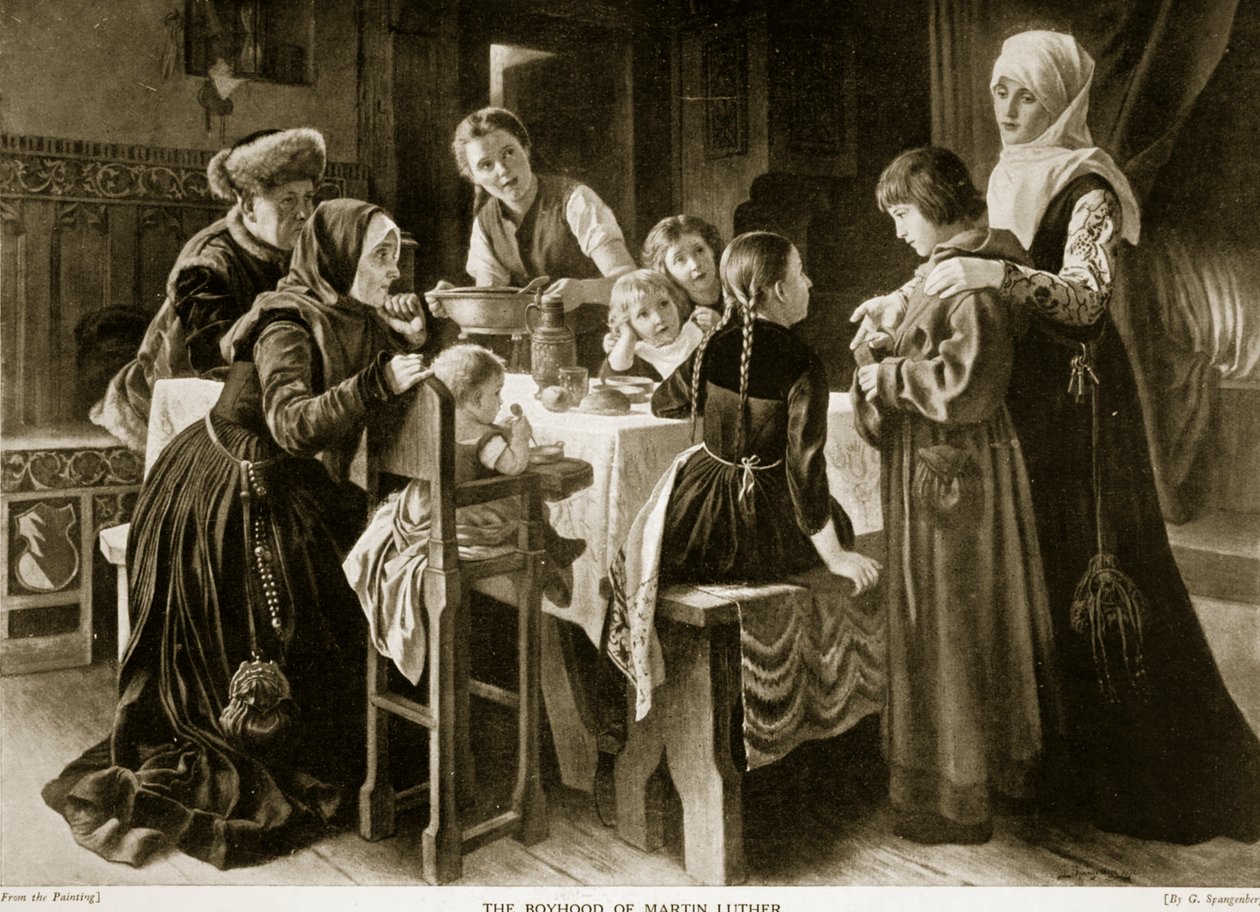 Chlapectví Martina Luthera, ilustrace z „Hutchinsonova příběhu britského národa“, kolem roku 1923 od Gustav Adolph Spangenberg
