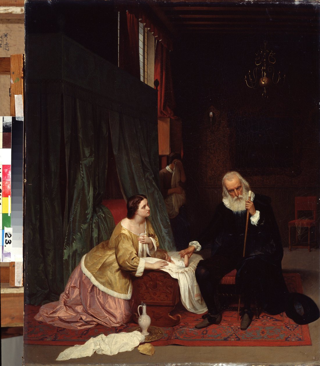 ""Návštěva lékaře"" Lékař změří tep nemocného dítěte pod bedlivým dohledem jeho matky. Obraz Gustava Budkovského (1813-1884) Státní muzeum umění 1859, Nižnij Tagil, Rusko od Gustav Budkowski