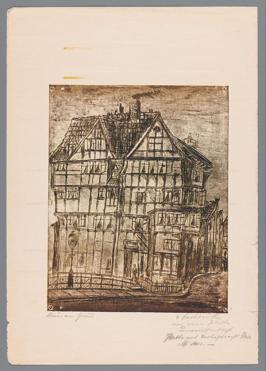 Reprodukce tisku nebo kresby s pohledem na starý dům, možná v Greiz v Německu od Gustav Digel (signed by artist)