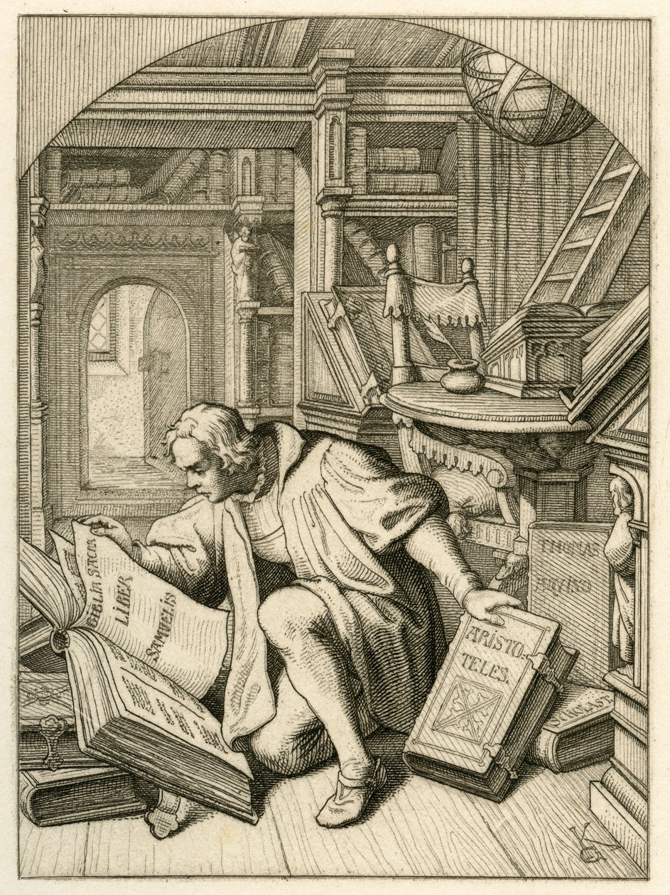 Luther čte v univerzitní knihovně v Erfurtu. Našel latinskou bibli od Gustav Ferdinand Leopold Konig