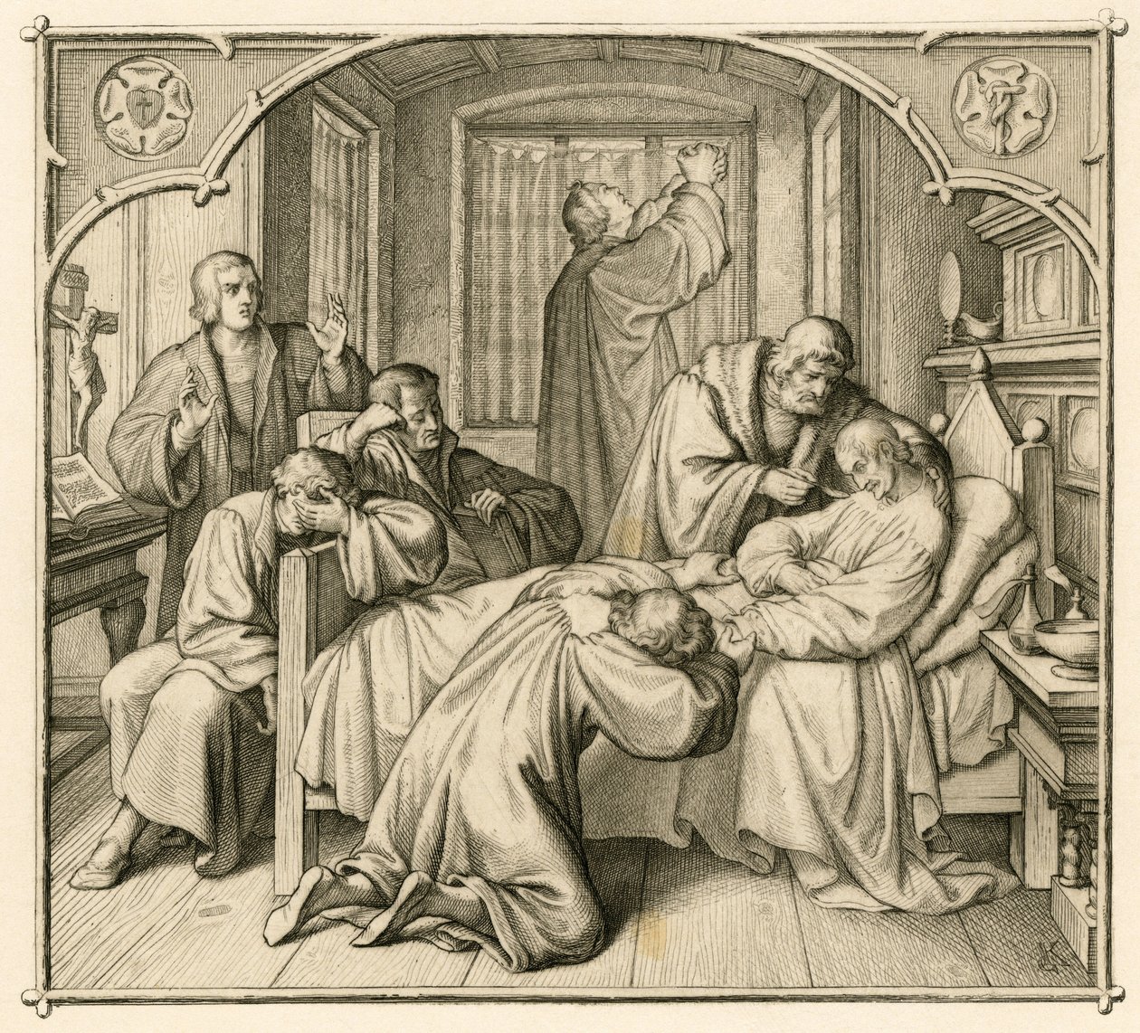 Lutherův přítel Philipp (Philippe, Philippus) Melanchthon (1497-1560) je velmi nemocný, a proto se Luther modlí za uzdravení od Gustav Ferdinand Leopold Konig