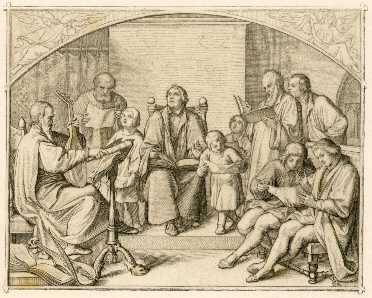 Lutherovo představení německých protestantských náboženských hymnů spolu s jeho dětmi a přáteli pod vedením Johannese Walthera (1496-1570) od Gustav Ferdinand Leopold Konig