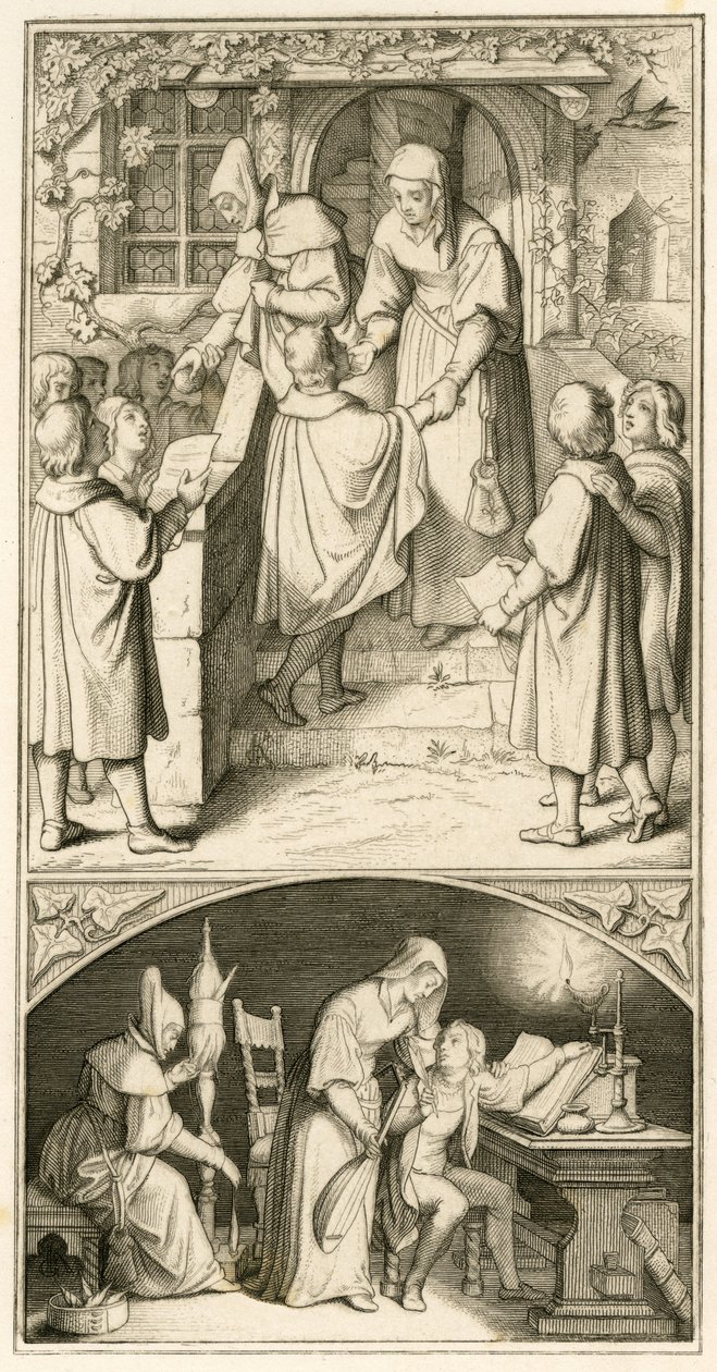 Martin Luther jako školák zpívá přede dveřmi Ursuly Cotty v Eisenachu o trochu chleba. V tomto domě se bude učit píšťalu a loutnu, tedy původní text od Gustav Ferdinand Leopold Konig