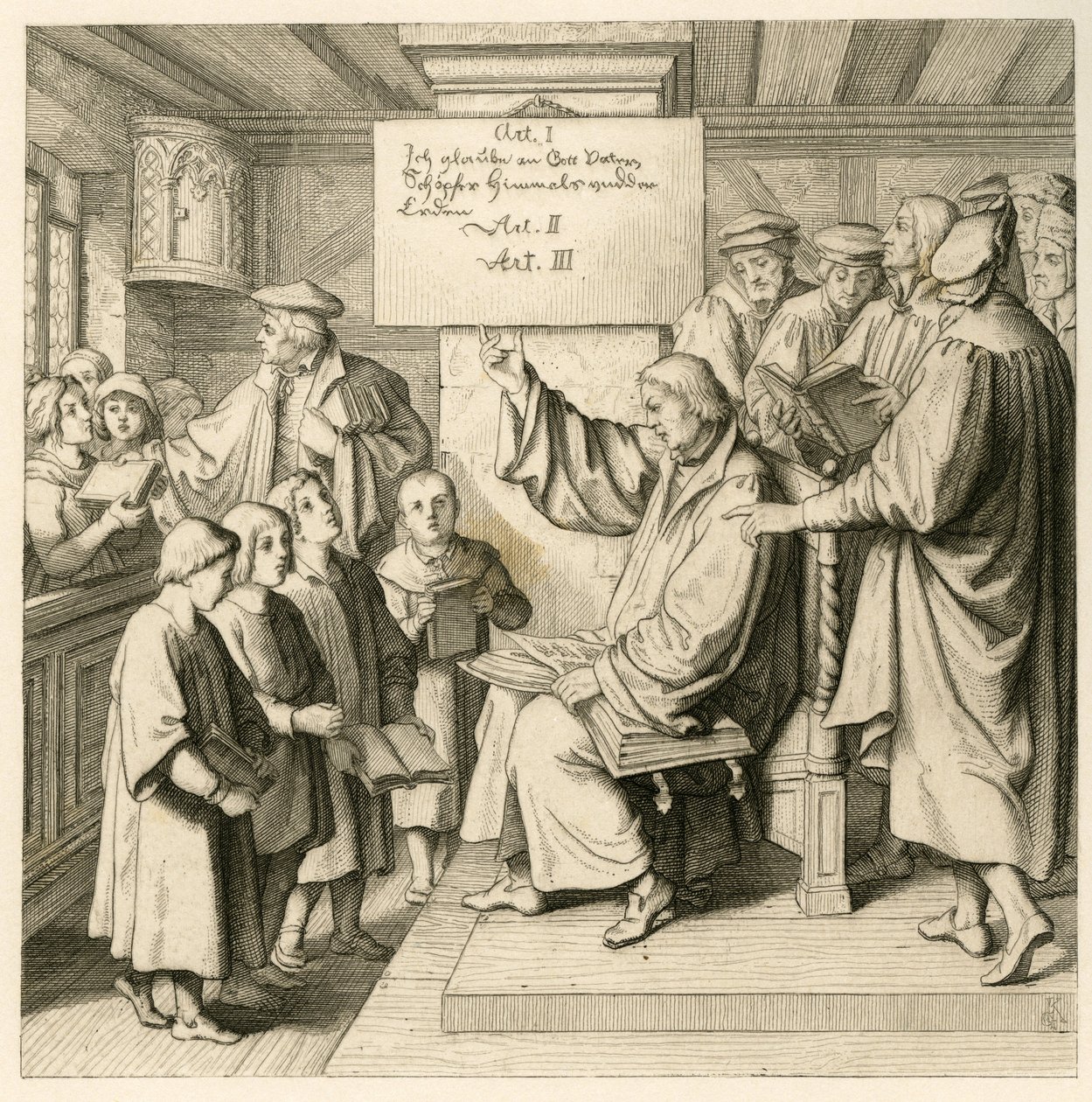 Martin Luther ve škole se spoustou dětí, protože hodiny náboženství jsou pro něj velmi důležité, vpravo někteří učitelé od Gustav Ferdinand Leopold Konig