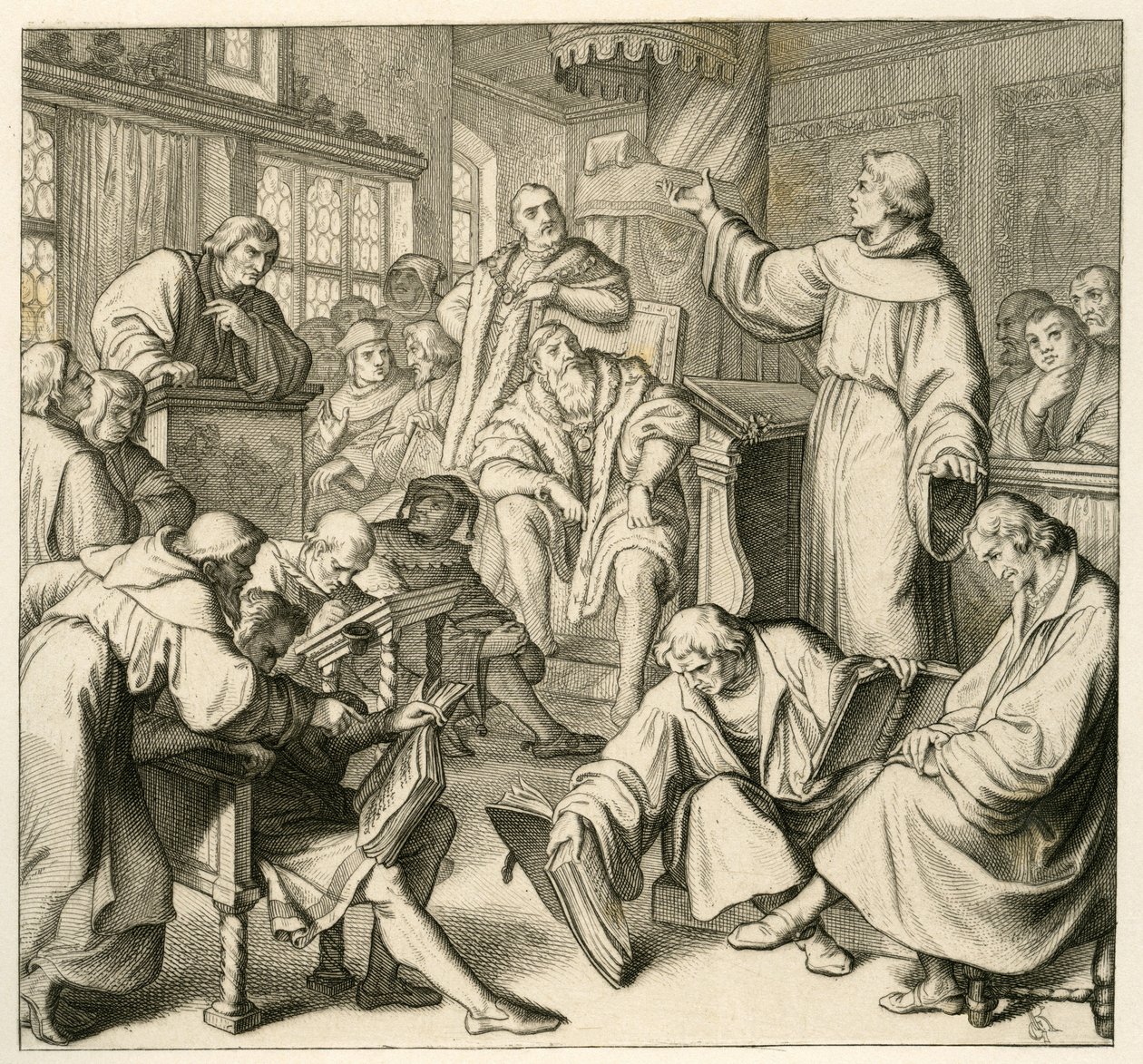 Martin Luther v diskusi s Dr. Johannes Eck (Johann Maier von Eck) (1486-1543), na straně Luthera Philipp Melanchthon (1497-1560) a Karlstadt (Andreas Rudolf Bodenstein von Karlstadt od Gustav Ferdinand Leopold Konig
