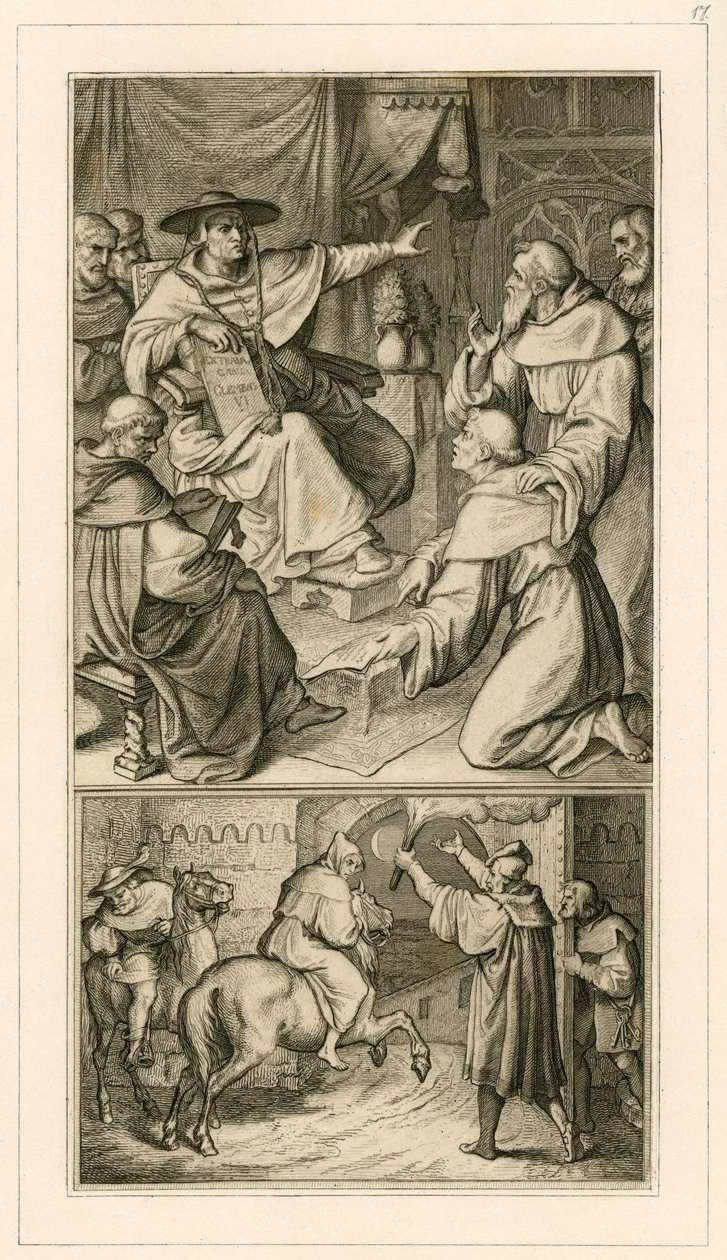 Martin Luther v diskusi s kardinálem Cajetanem, Luther musí odvolat své spisy, vedle něj jeho přítel Staupitz od Gustav Ferdinand Leopold Konig
