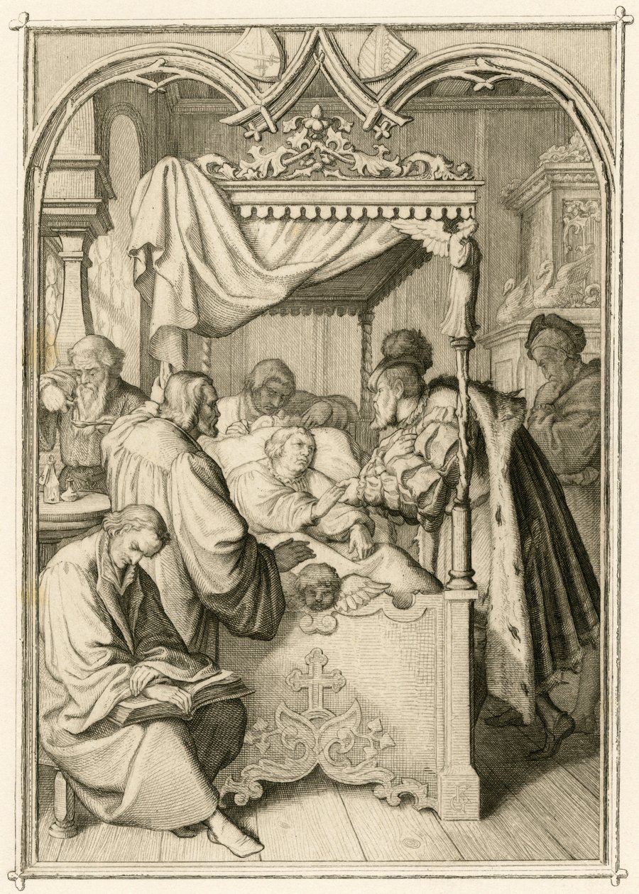 Martin Luther je velmi nemocný, volič Johann Friedrich (Johann Frederic Ier de Saxe od Gustav Ferdinand Leopold Konig
