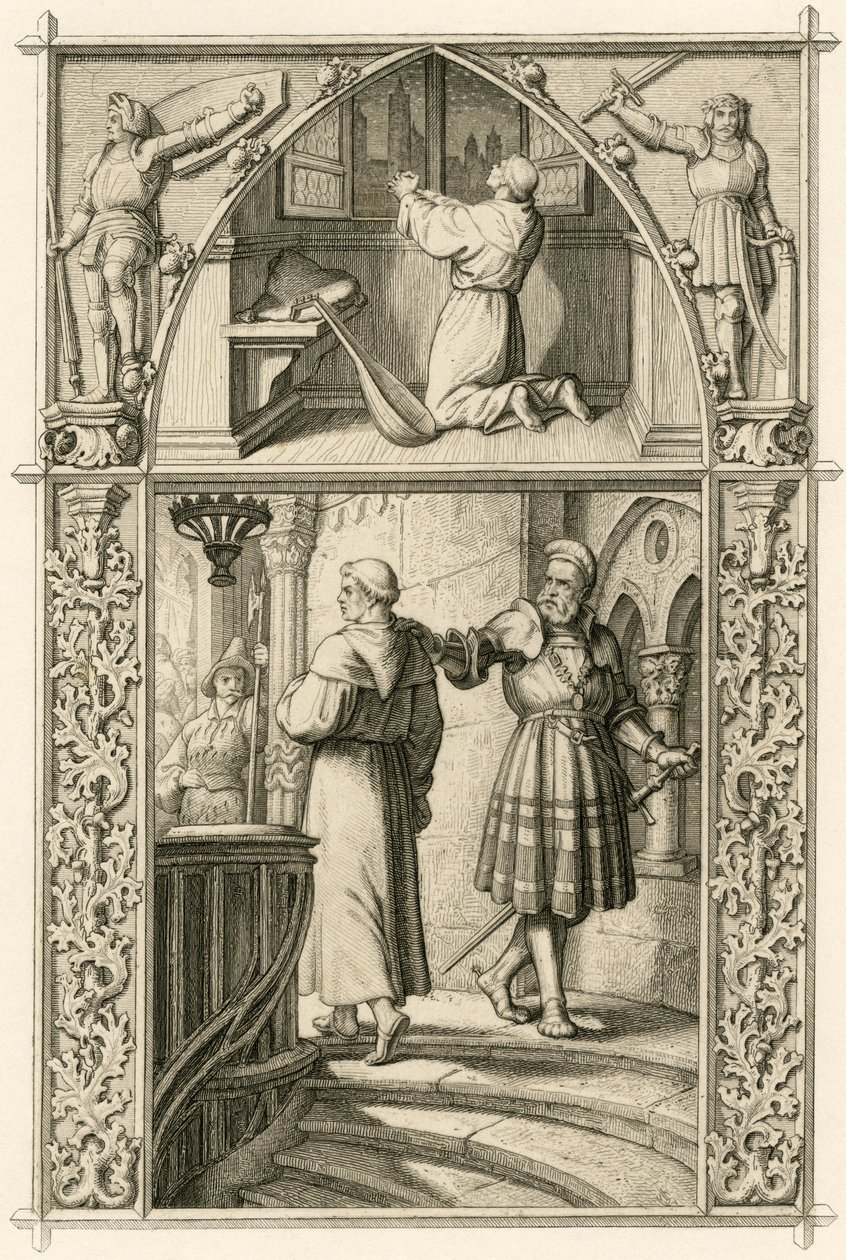 Martti Luther valmistautuu rukouksella tapaamiseen keisarin kanssa (kuva yllä); pääkuva : Luther tapaa ritari George (Georg) von Frundsbergin (Jorg von Fronsberg, Freundsbergin) od Gustav Ferdinand Leopold Konig