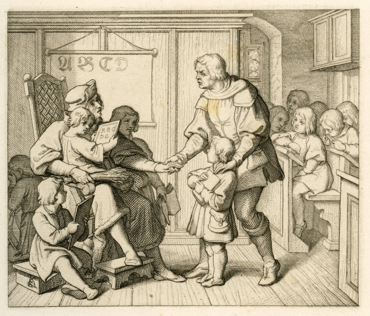 Zápis Martina Luthera do školy v Mansfieldu, na této ilustraci spolu s jeho otcem Hansem od Gustav Ferdinand Leopold Konig