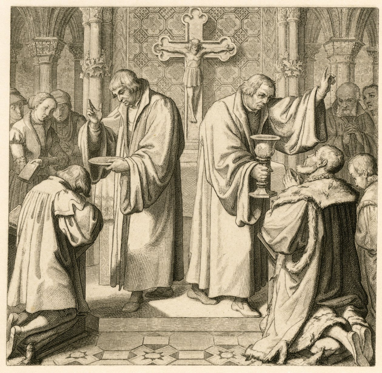 Ehtoollisen Luther antaa valitsija Johann Friedrichille (Jean Frederic I de Saxe od Gustav Ferdinand Leopold Konig