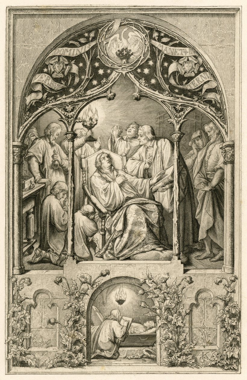 Smrt Martina Luthera, Lutherovi dva synové, klečící před svým otcem, Dr. Justus Jonas říká poslední slova, za nimi se modlí Michael Coelius, Johannes Aurifaber se svícnem, lékař Simon Wild s léky a vpravo hrabě Albr. od Gustav Ferdinand Leopold Konig