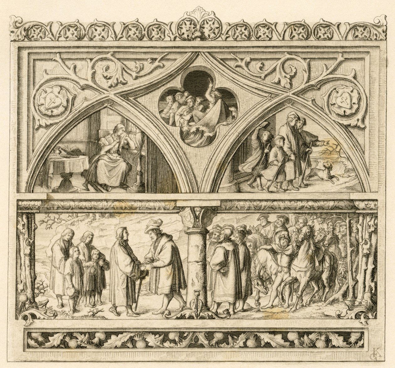 Cesta Martina Luthera k hraběti Mansfeldovi (Hoyer VI. z Mansfeld-Vorderortu (1477-1540); obrázek vlevo nahoře: smutná Katharina , uprostřed : zuřivá řeka Saale , vpravo : Luther se svými syny obrázek dolů: Luther a hrabě od Gustav Ferdinand Leopold Konig