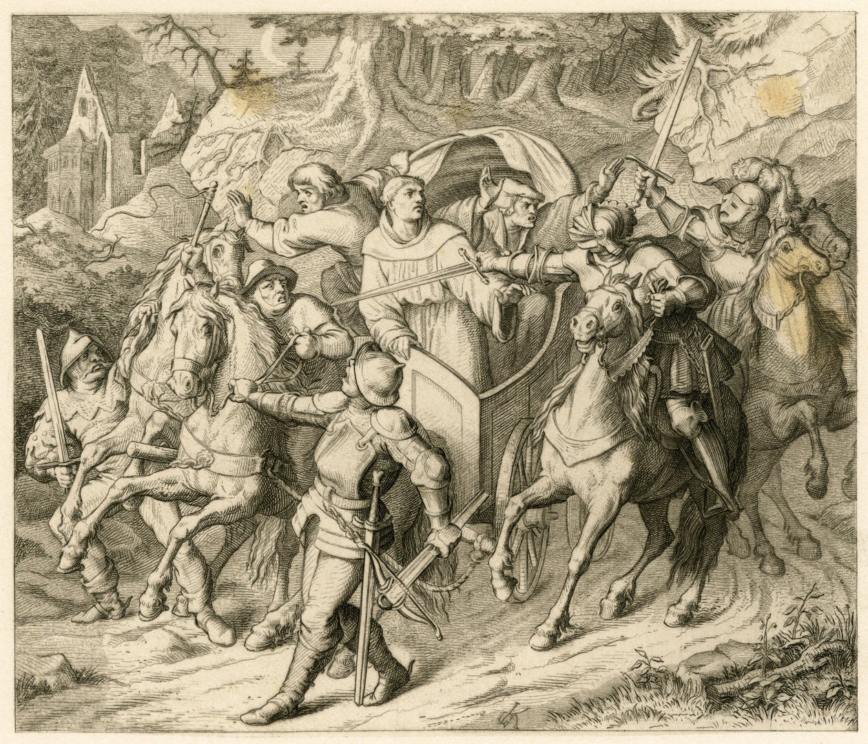 Únos Martina Luthera na jeho zpáteční cestě - 1521 - Hauptmannem von Berlepschem a Burkhardem Hundem, protože tam byla bula o exkomunikaci papeže a zákazu císaře od Gustav Ferdinand Leopold Konig