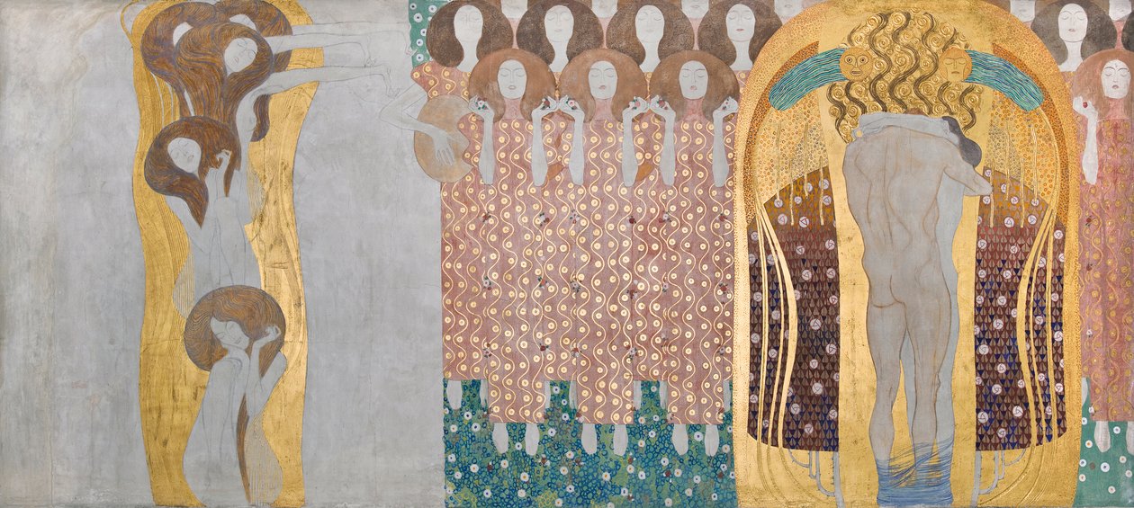 Beethoven Frieze: The Arts, Paradise Choir and Embrace – deska 8, pravá dlouhá stěna od Gustav Klimt