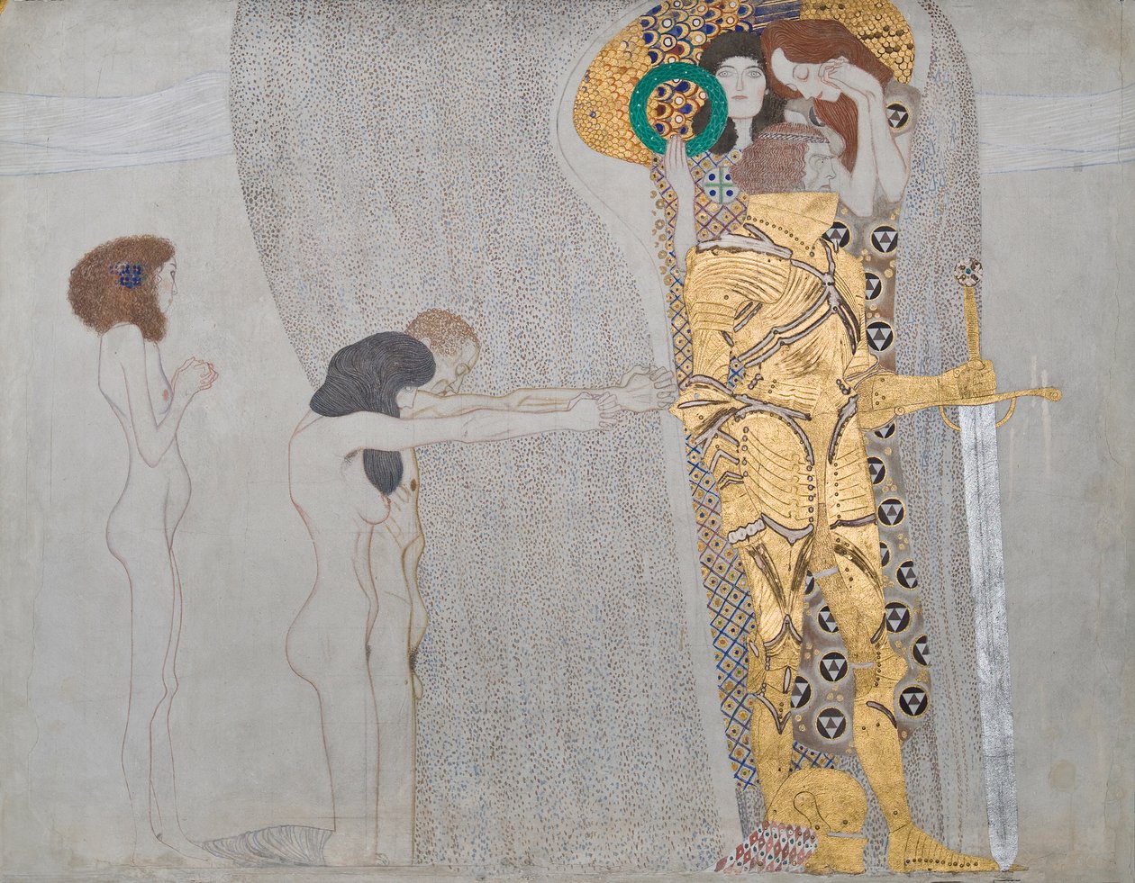 Beethoven Frieze: Utrpení slabého lidstva a dobře vyzbrojený silný - Talíř 3, levá dlouhá stěna od Gustav Klimt
