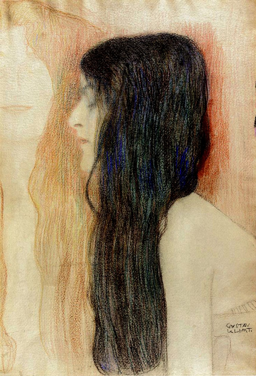 Dívka s dlouhými vlasy, 1898-99 (pastel na papíře) od Gustav Klimt