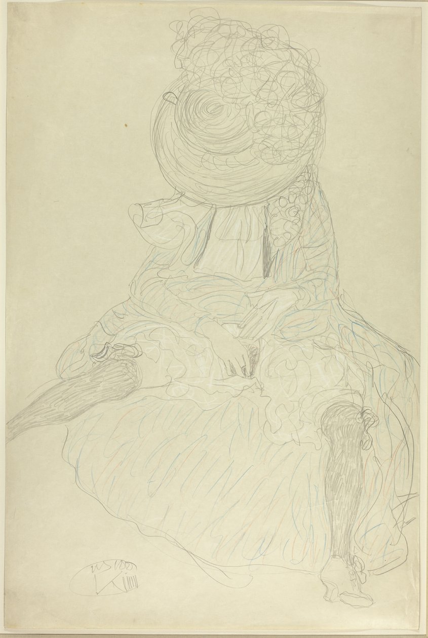 Sedící žena zepředu s kloboukem, obličej s kapucí od Gustav Klimt