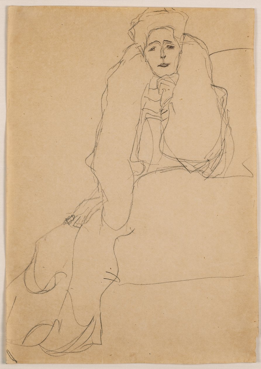 Sedí vlevo, horní část těla nakloněná dopředu; Sedící vlevo, trup vpředu, vlevo podepřený, 1904-1905 od Gustav Klimt