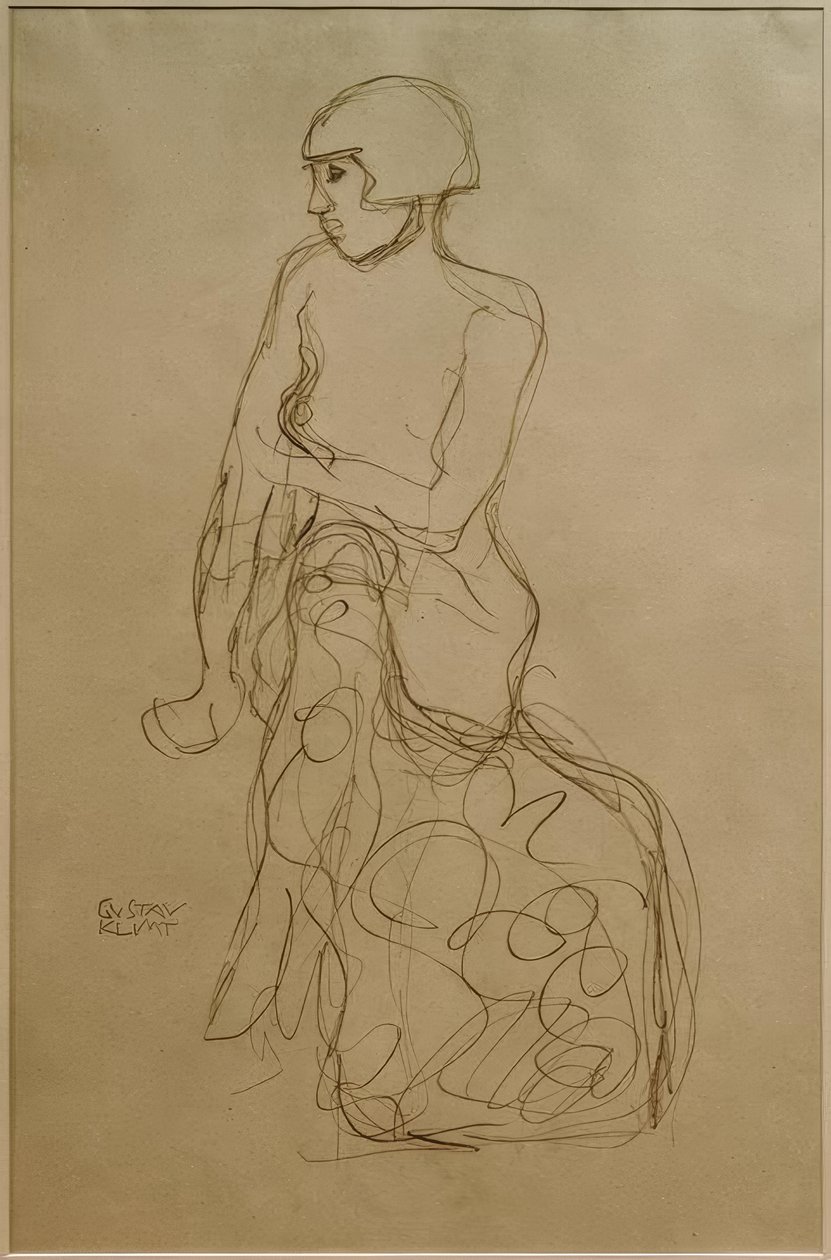 Sed v půlaktu vlevo od Gustav Klimt