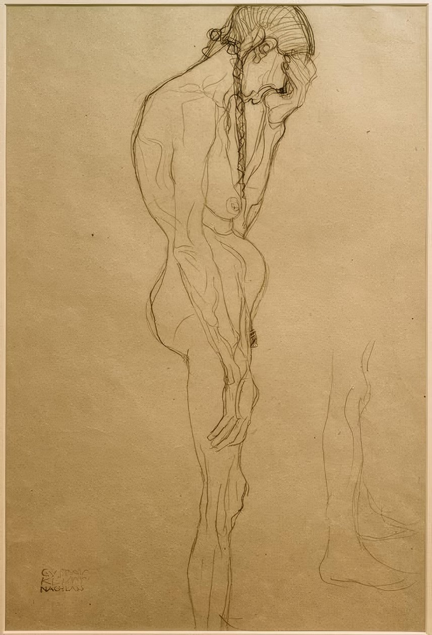 Stojící stará žena z profilu vpravo, studie nohou od Gustav Klimt