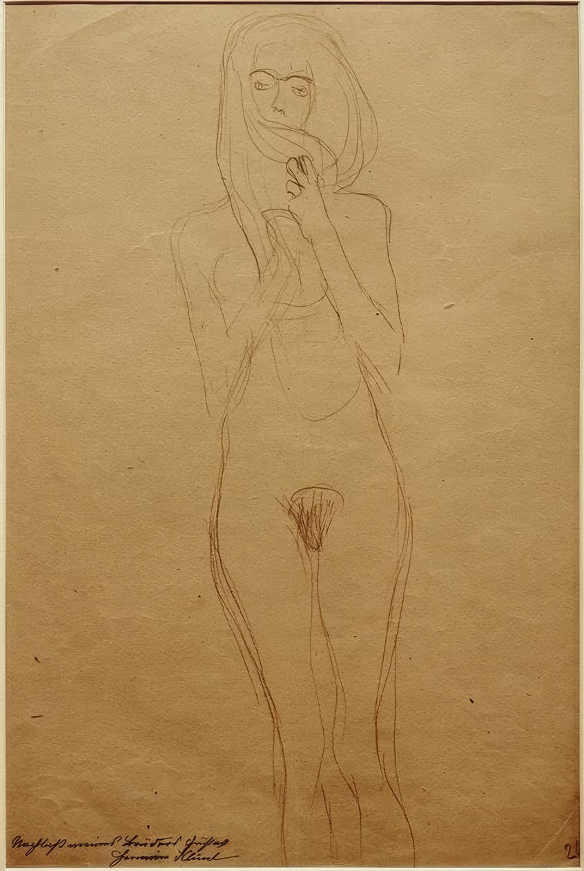 Stojící ženský akt, ústa zakrytá vlasy od Gustav Klimt