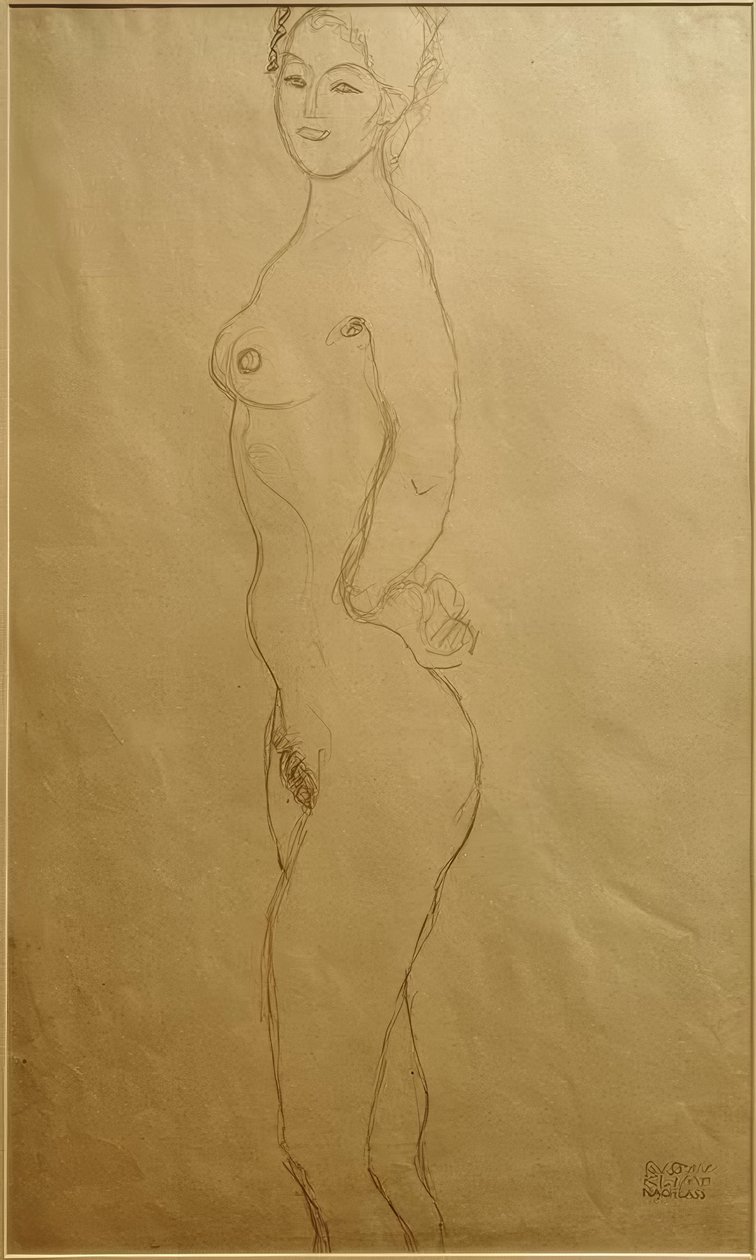 Stojící ženský akt vlevo, ruku v ruce... od Gustav Klimt