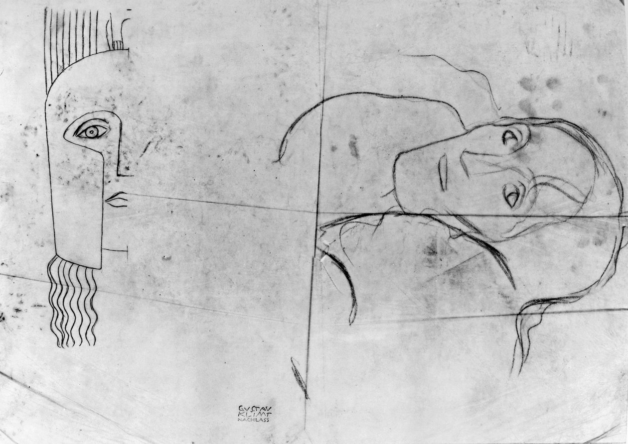 Studie pro Ver Sacrum 1900 - Pallas Athene a tragická hlava, 1897-98 (tužka a modrá pastelka na pauzovacím papíru) od Gustav Klimt