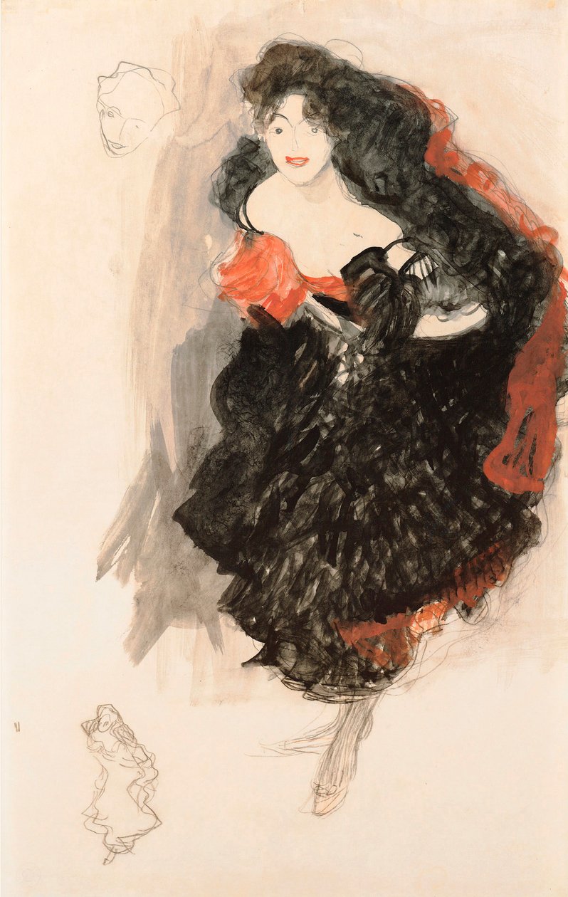 Studie pro Juditu II, kolem roku 1908 (kvaš, dřevěné uhlí a bílá barva na papíře) od Gustav Klimt