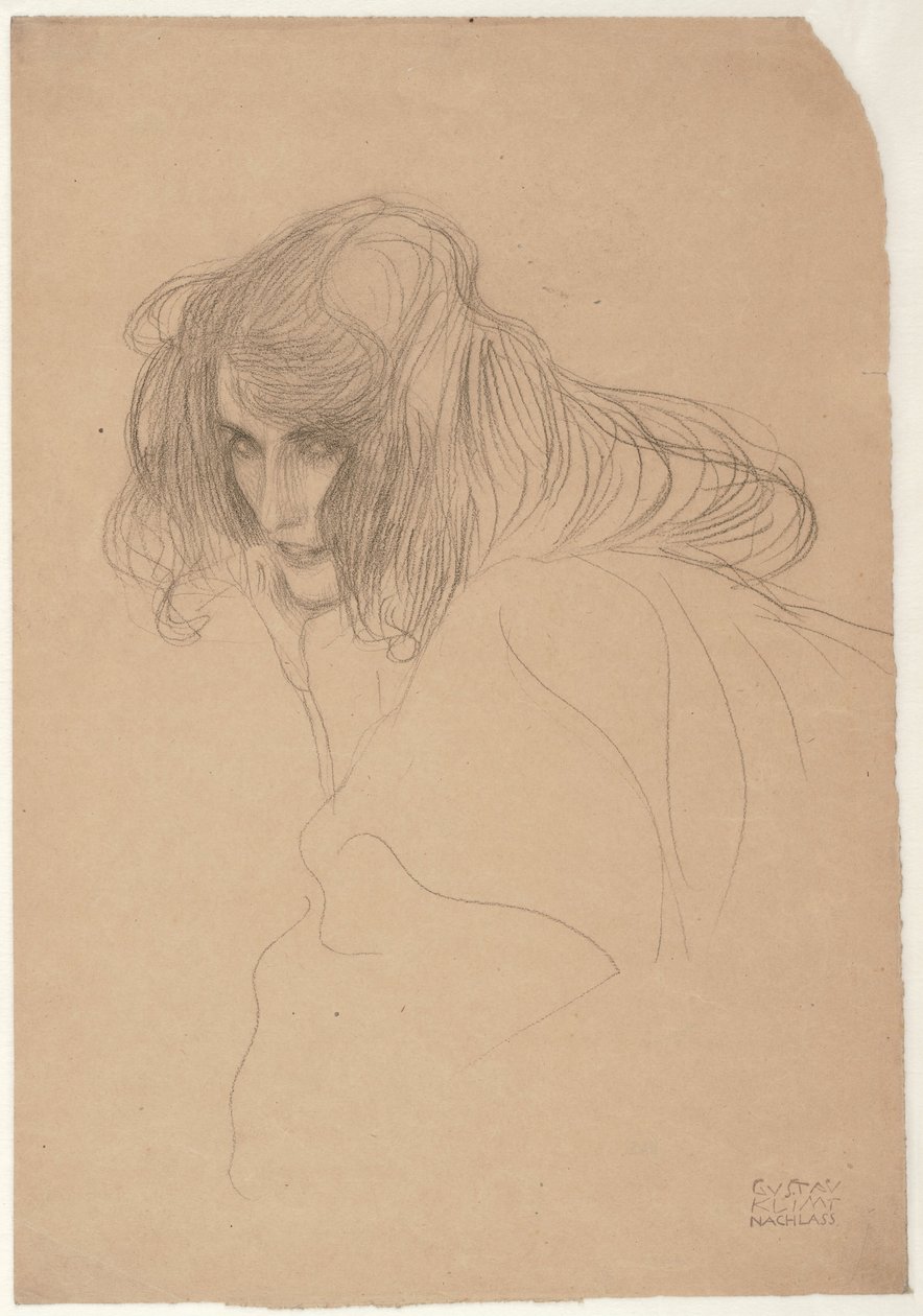 Studie ženské hlavy ve tříčtvrtečním profilu (Studie o necudnosti v Beethovenově vlysu), kolem 1901-02 (černá křída na papíře) od Gustav Klimt