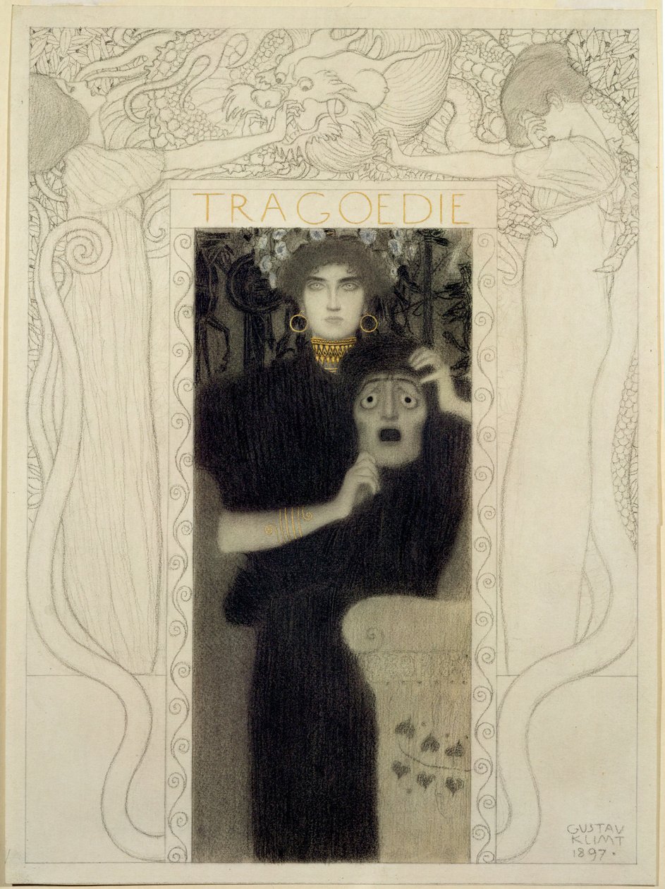 Tragédie. Studie k alegorii Tragédie (pero a tuš, bílá barva) od Gustav Klimt
