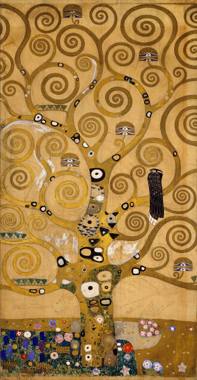 Detail stromu života (Stoclet Frieze) na levé straně, cca 1905-09 (tempera a akvarel) od Gustav Klimt