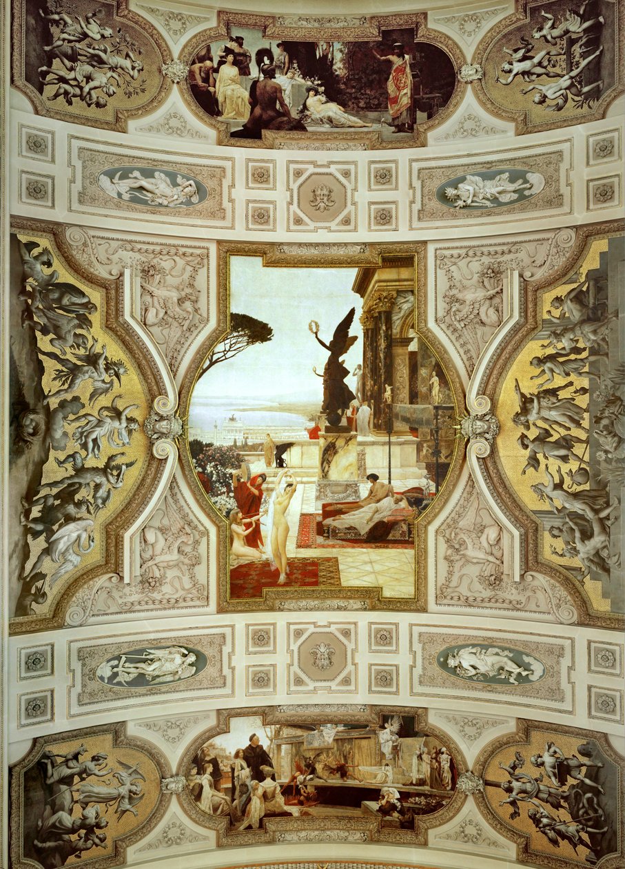 Vídeňské Burgtheater (Dvorní divadlo), schodiště (vlevo): Divadlo v Taormině, detail od Gustav Klimt