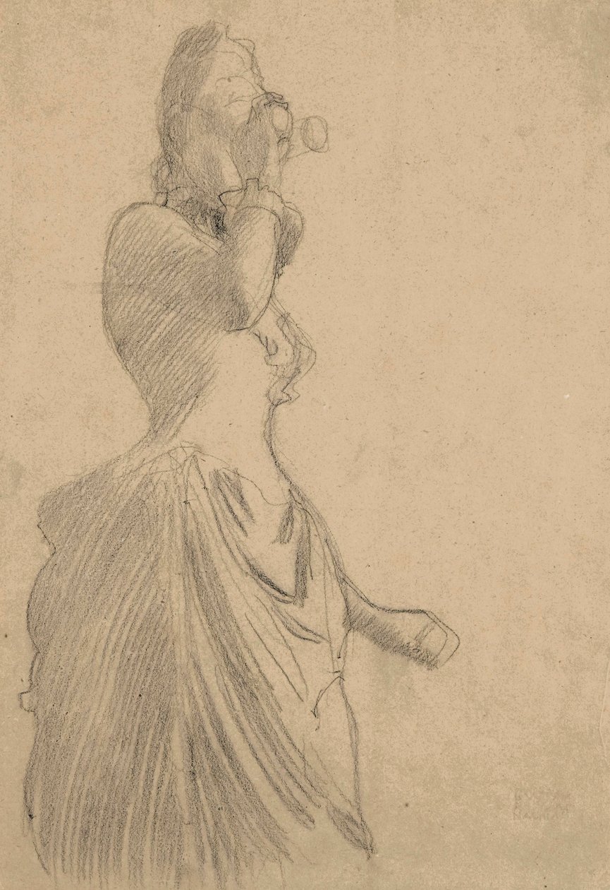 Žena s dalekohledem, asi 1888 (černá křída na tónovaném papíře) od Gustav Klimt