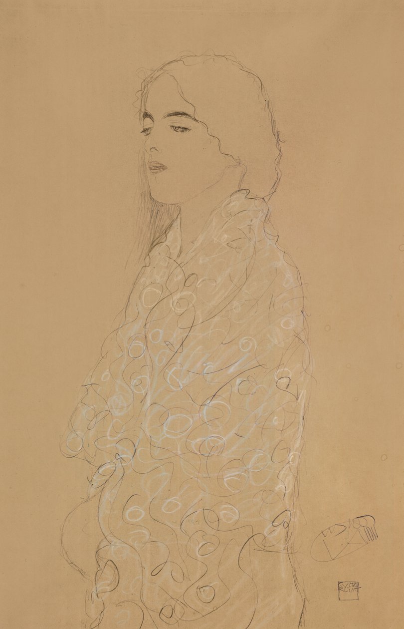 Žena s bílým šátkem (tužka s bílou a červenou křídou na papíře) od Gustav Klimt