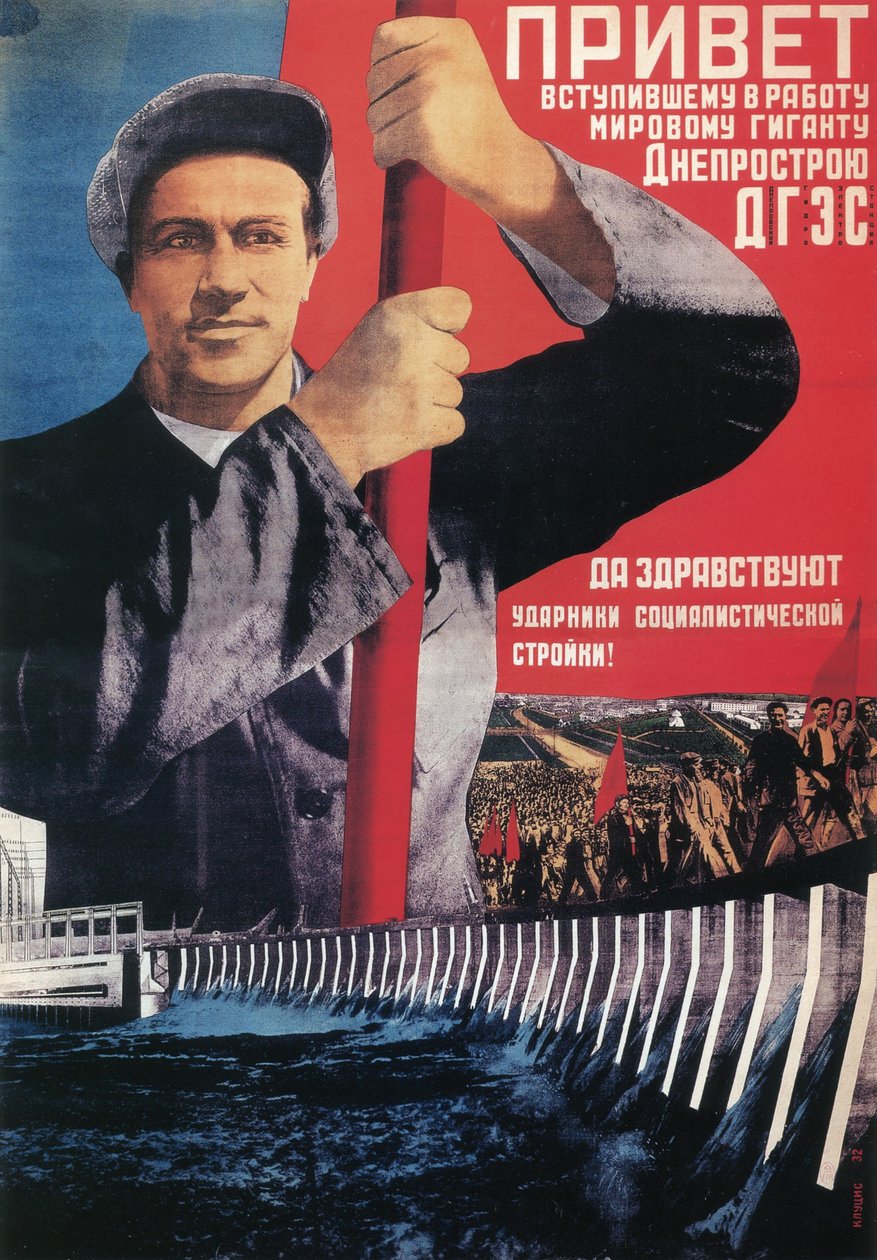 Zdravím nedávno spuštěného světového giganta Dneprostroi, 1932 od Gustav Klutsis