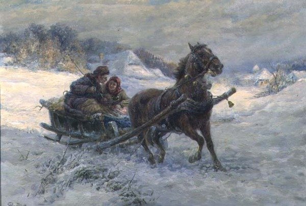 Jízda na saních v zimě (olej na panelu) od Gustav Prucha