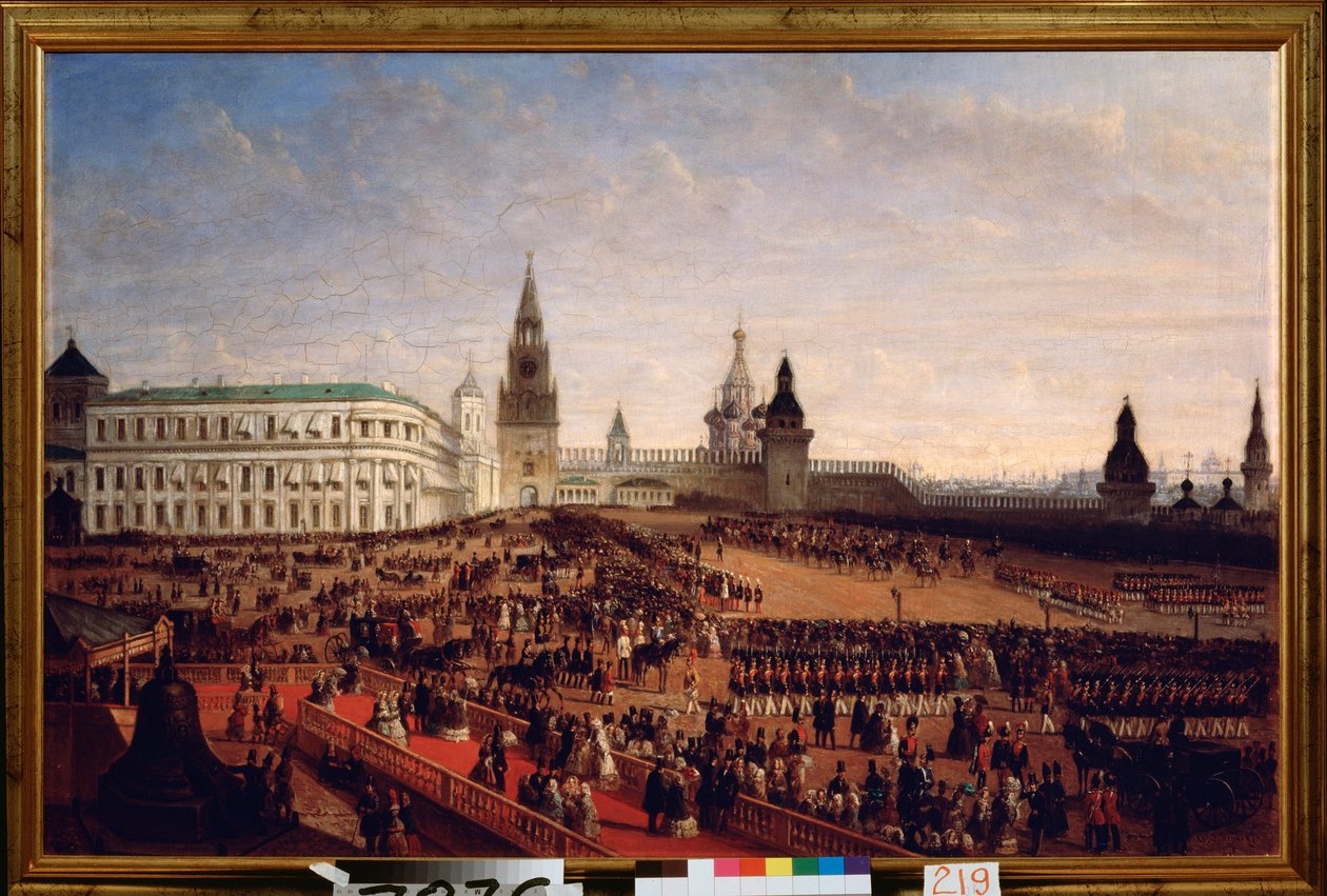 Vojenská přehlídka při korunovaci císaře Alexandra II. (1818-1881) v moskevském Kremlu, 18. února 1855. Obraz Gustava Schwarze (kolem 1800-po 1855), olej na plátně od Gustav Schwarz