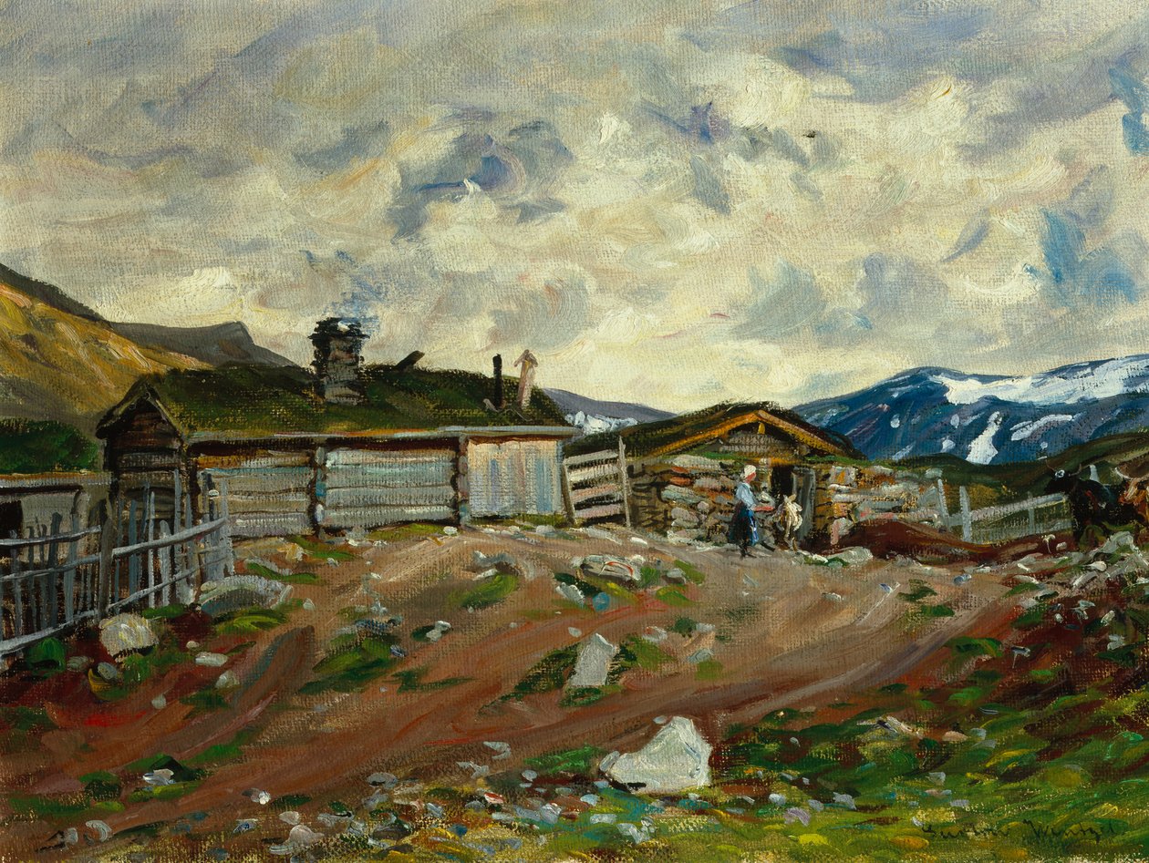 Horská farma s ženou a krávou od Gustav Wentzel