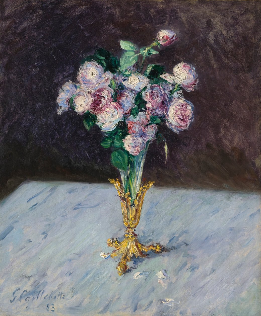 Kytice růží v křišťálové váze od Gustave Caillebotte