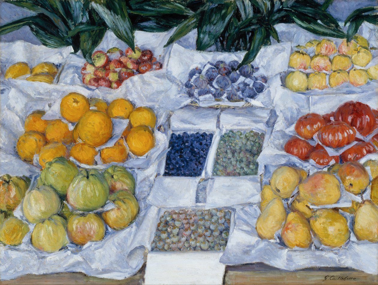 Ovoce zobrazené na stojanu od Gustave Caillebotte