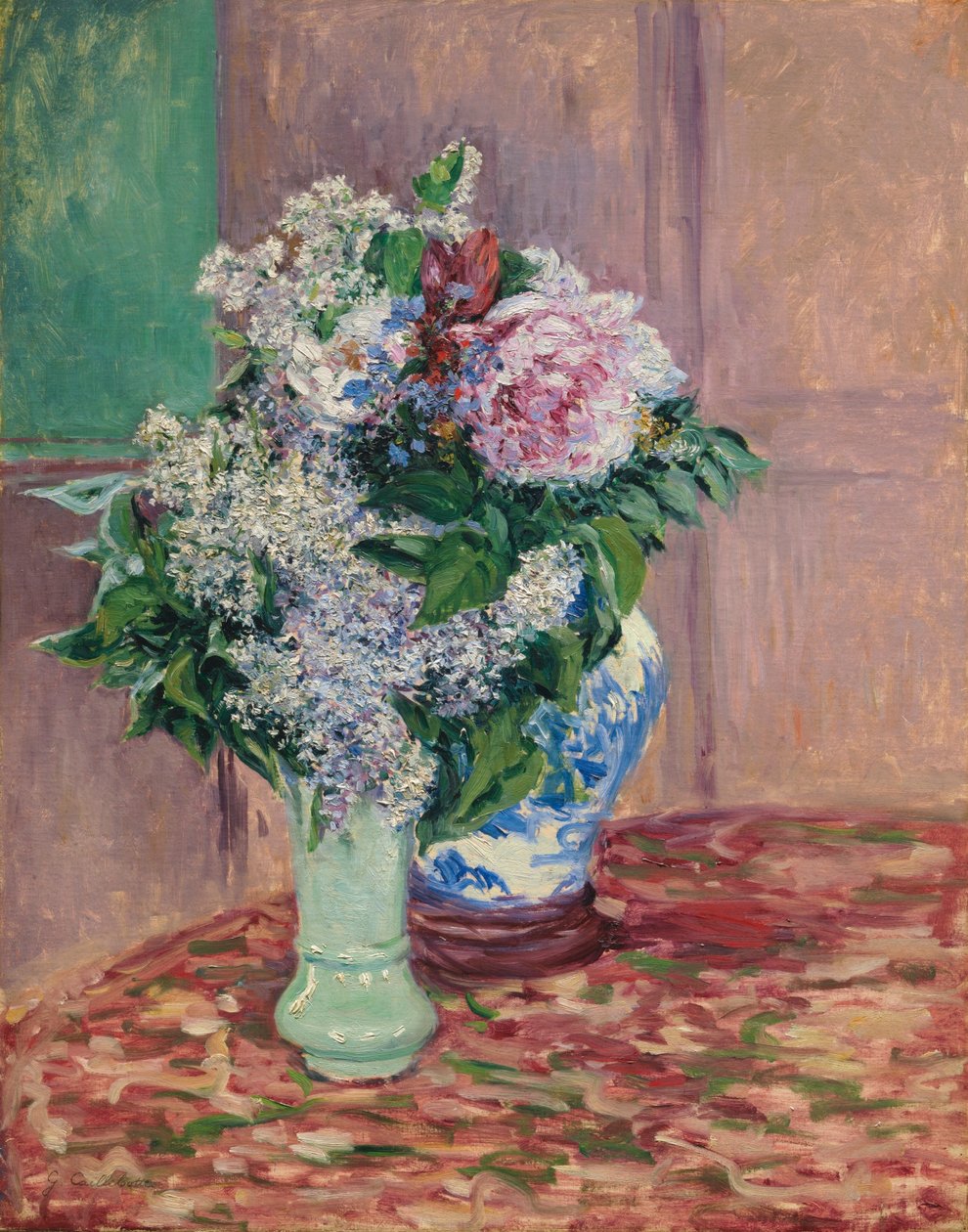 Šeříky a pivoňky ve dvou vázách od Gustave Caillebotte