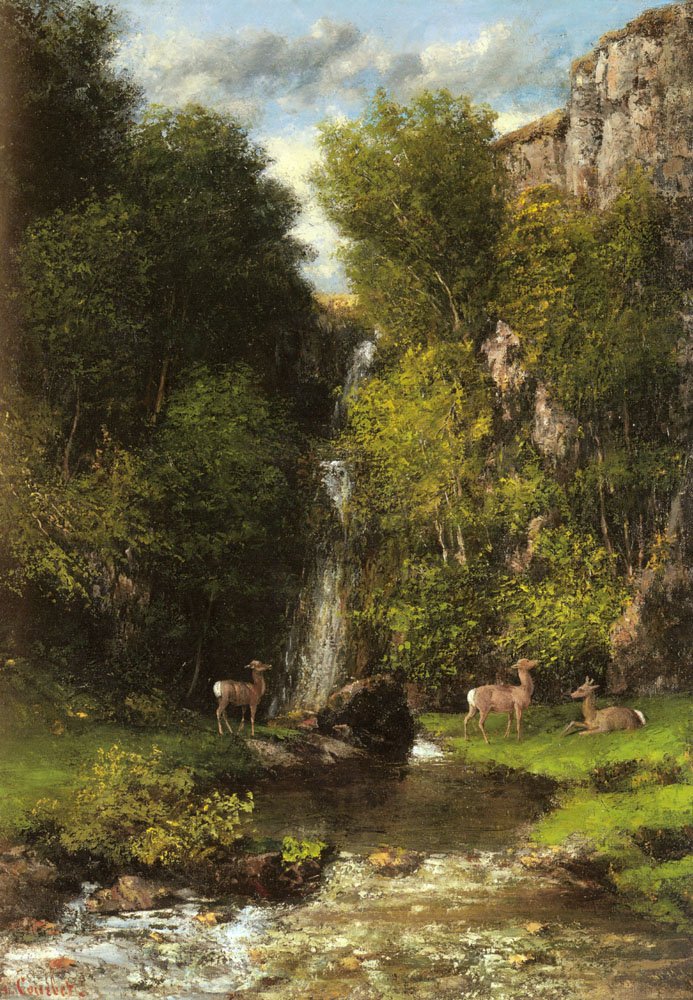 Rodina jelenů v krajině s vodopádem od Gustave Courbet