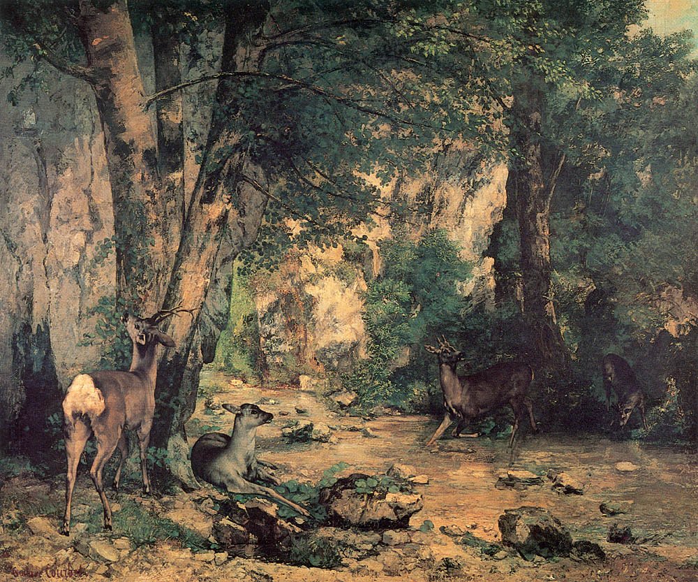 Houština jelenů v proudu Plaisir-Fountaine od Gustave Courbet