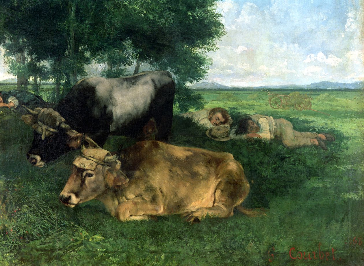 La Siesta Pendant la saison des foins (a detail zvířat spících pod stromem), 1867, od Gustave Courbet