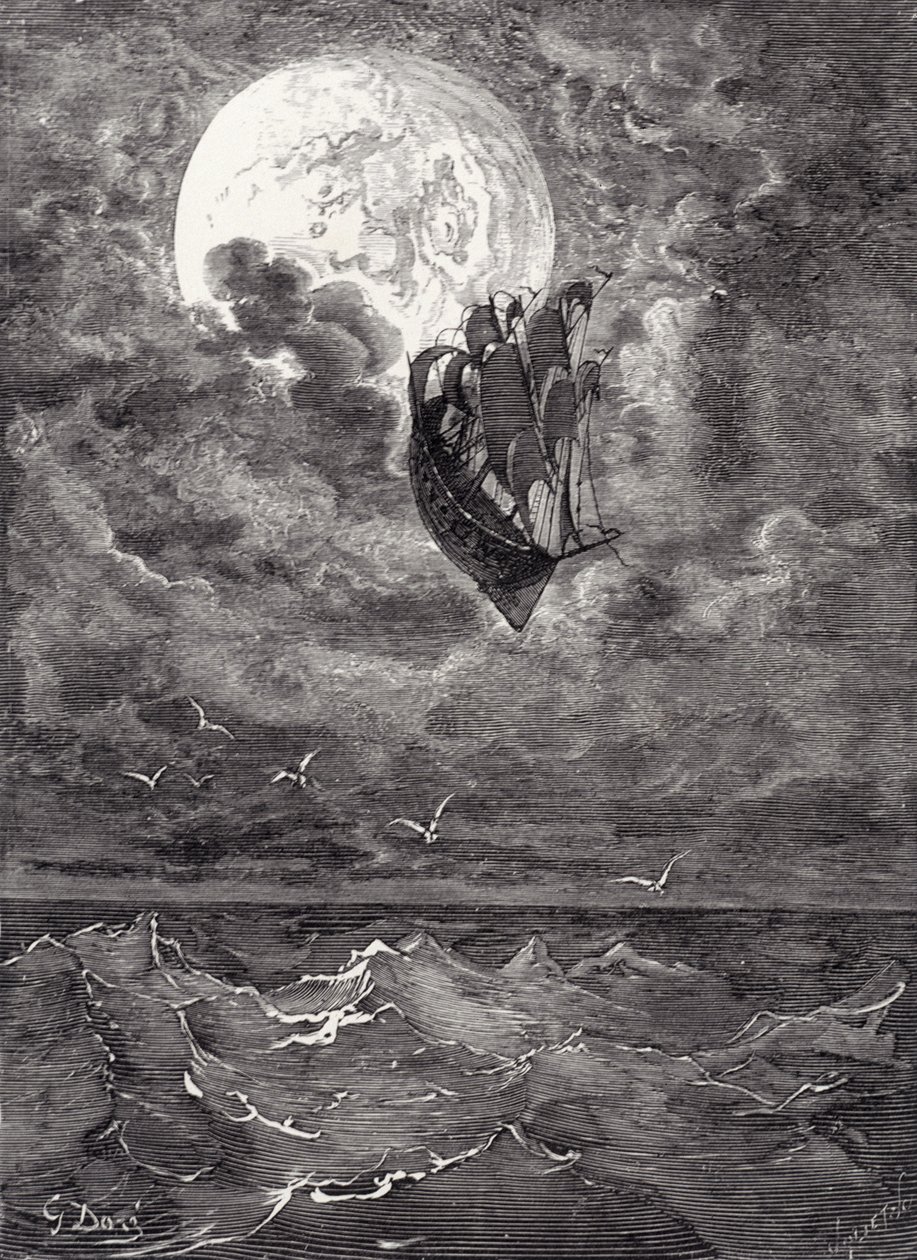 Cesta na Měsíc, z „Dobrodružství barona Munchausena“ od Rudolpha Ericha Raspeho, vyryl Auguste Joliet, kolem roku 1868 od Gustave Dore