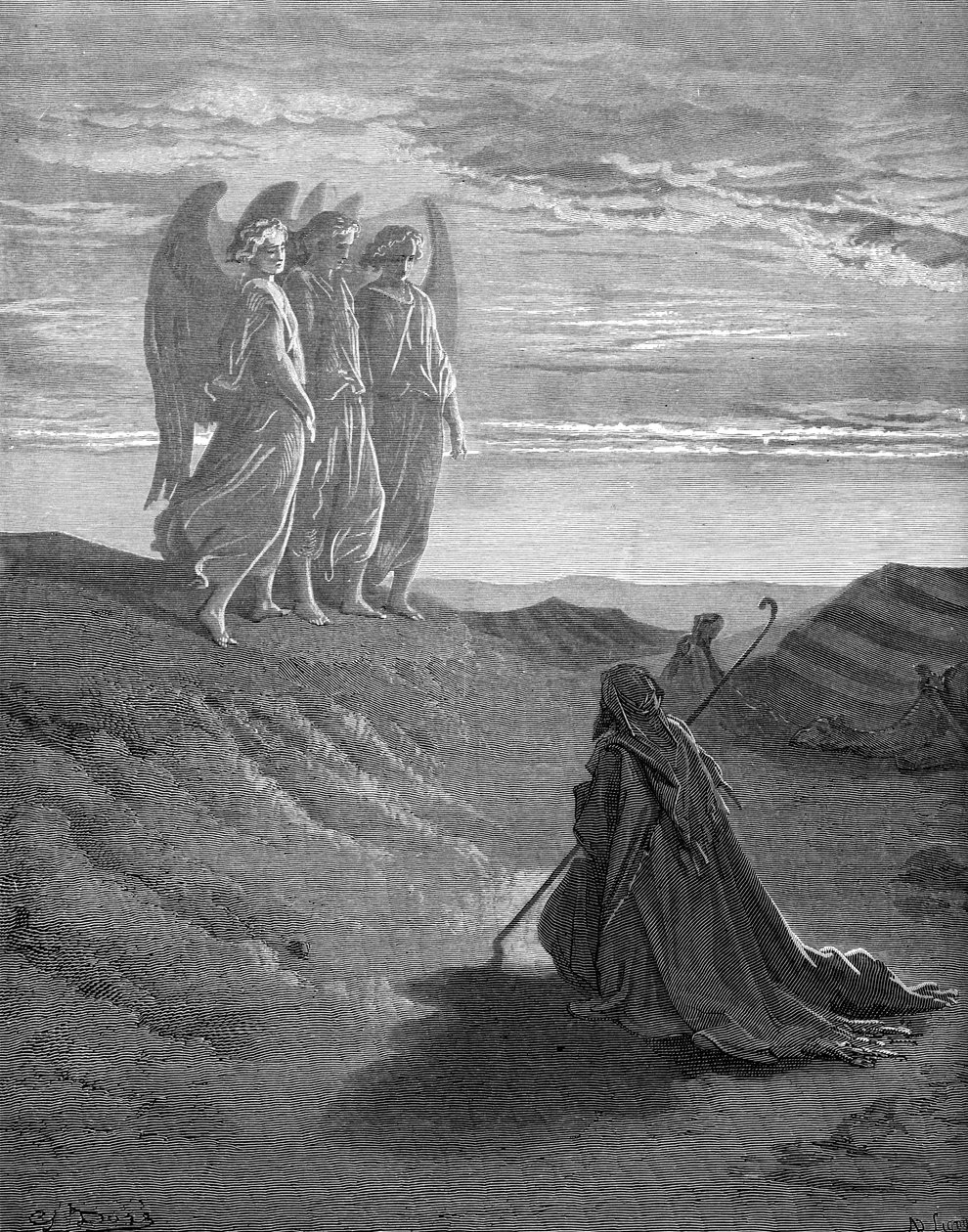 Abraham a tři andělé, rytina Doré. - Bible od Gustave Dore