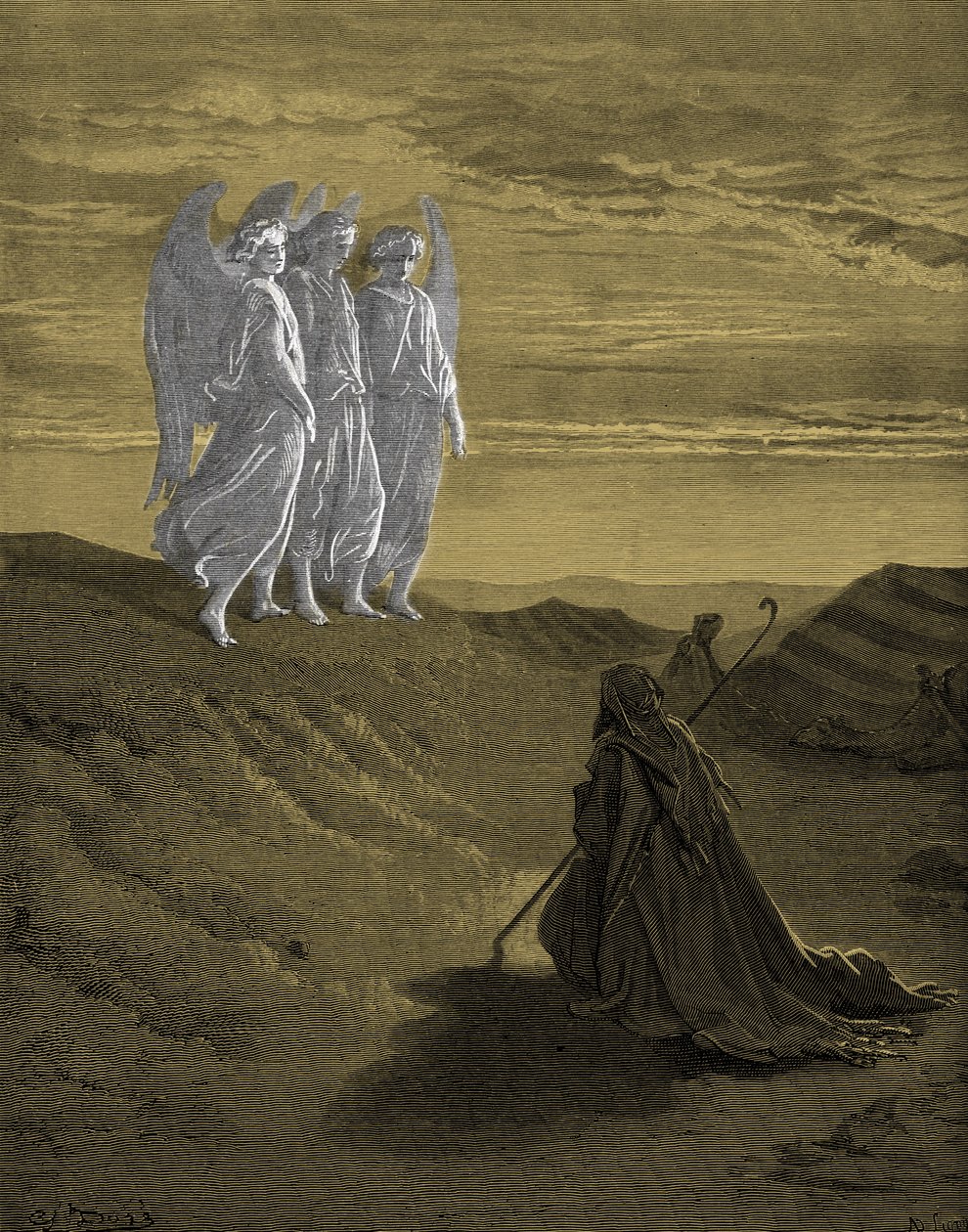 Abraham a tři andělé, rytina Doré. - Bible od Gustave Dore