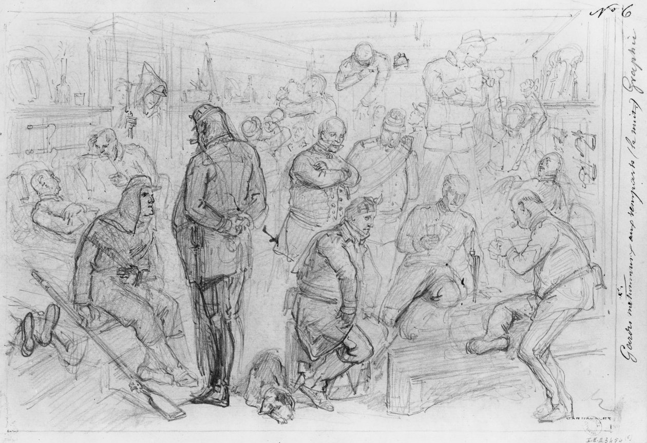 Album Obležení Paříže, Národní gardy na hradbách v noci (pero a hnědý inkoust a tužka na papíře) od Gustave Dore