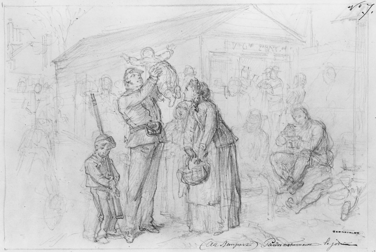 Album Obležení Paříže, Národní gardy na hradbách během dne (pero a hnědý inkoust a tužka na papíře) od Gustave Dore