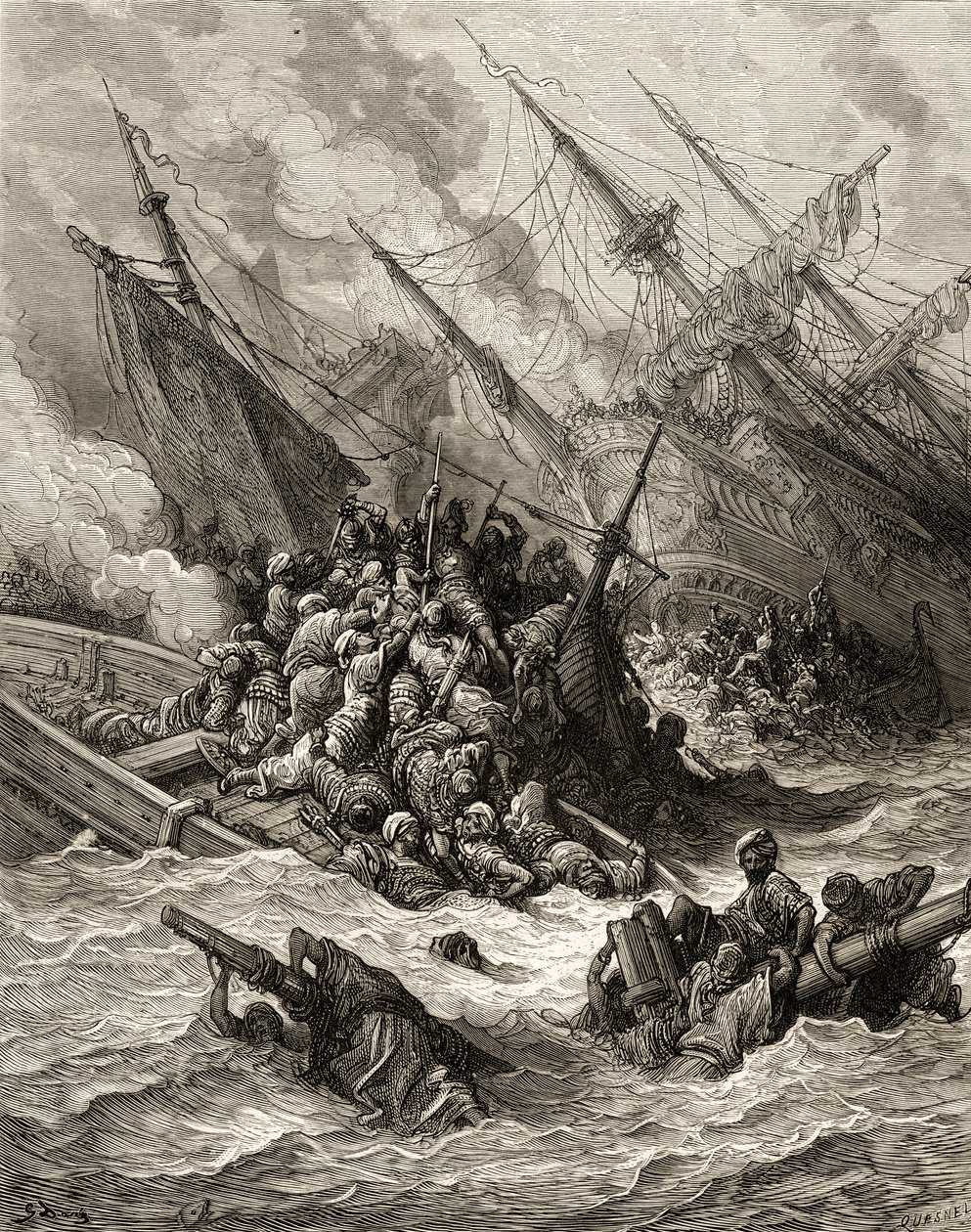 Bitva u Lepanta v roce 1571, ilustrace z „Bibliotheque des Croisades“ od J-F. Michaud, 1877 od Gustave Dore